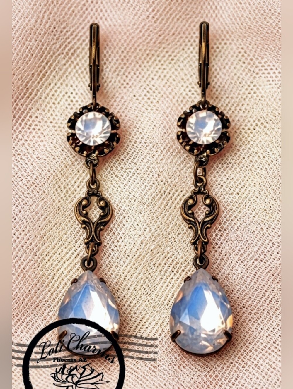 Victorian Pink Opal Rosewater Swarovski Crystal In Long Brass Earrings